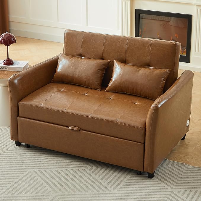 51.57 Convertible Sleeper Sofa Bed Adjustable Oversized Armchair with Three USB PortsU Leather Pull Out Sofa Bed for Apartment Living Room Small Space (Brown/PU)