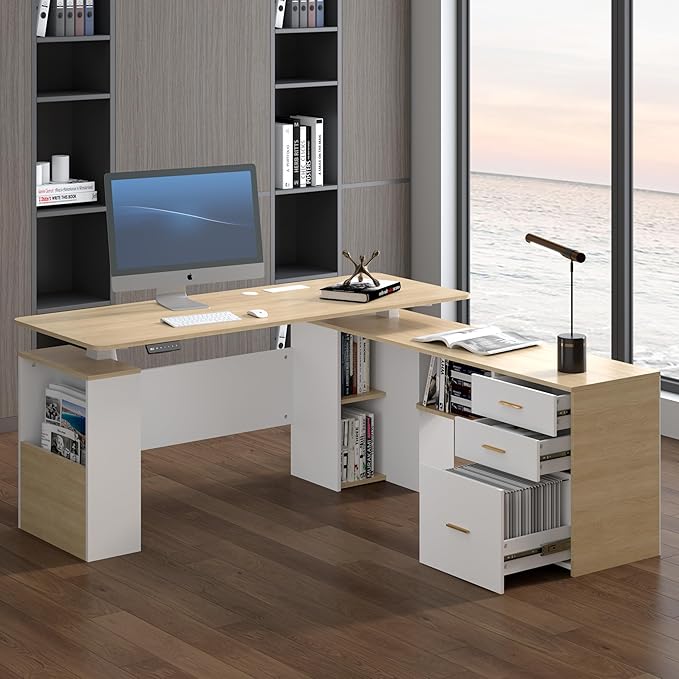 JOMEED 63 L Shaped Electric Standing Desk with Storage Executive Adjustable Height with Power Outlets and Privacy PanelOak and White