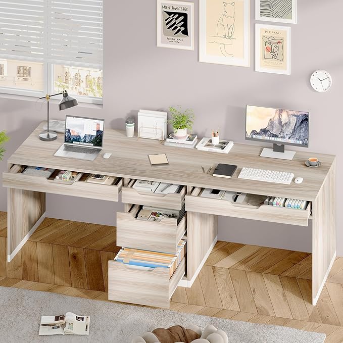 Two Person Desk with 5 Drawers Double Desk with Storage for 2 People 78 Inch Extra Long Computer Desk Workstation with File Drawer for Home Office White and Walnut