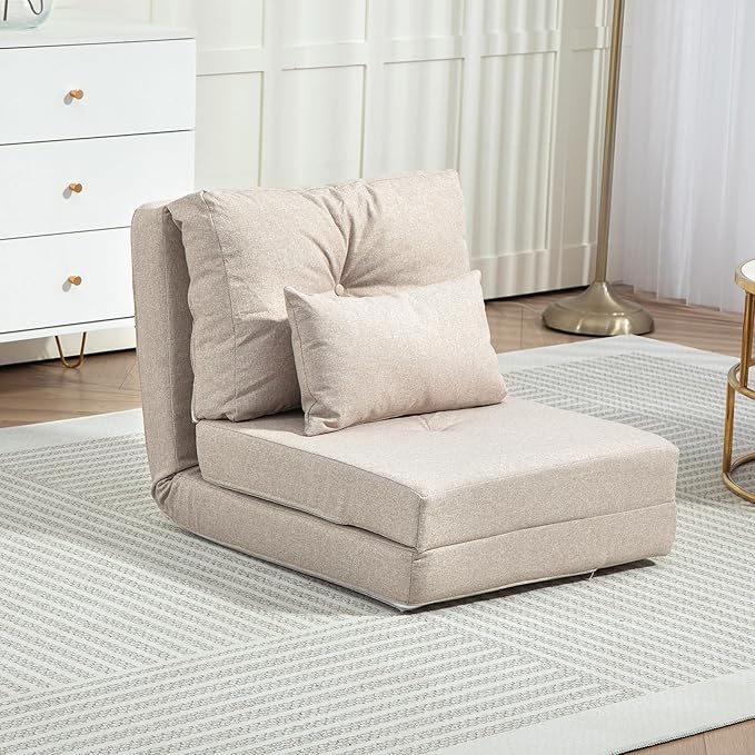 HOMCOM Convertible Flip Chair Floor Lazy Sofa Folding Upholstered Couch Bed with Adjustable Backrest Metal Frame and Pillows for Living Room Bedroom Beige