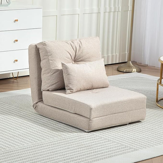HOMCOM Convertible Flip Chair Floor Lazy Sofa Folding Upholstered Couch Bed with Adjustable Backrest Metal Frame and Pillows for Living Room Bedroom Beige
