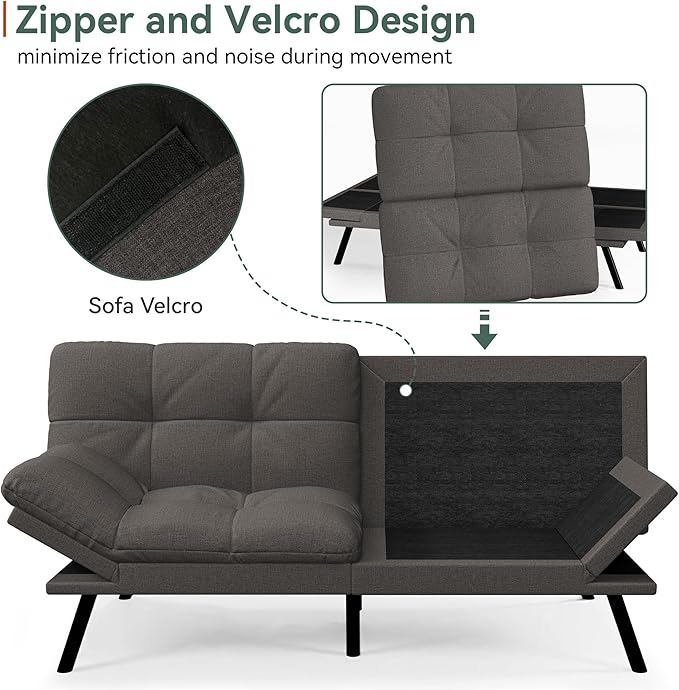 Opoiar Convertible Futon Sofa Bed71 Memory Foam Futon CouchDetachable CushionAdjustable Backrest &amp ArmrestLinen Modern Loveseat Sleeper Recliner for Living RoomOfficeApartmentRetro Grey