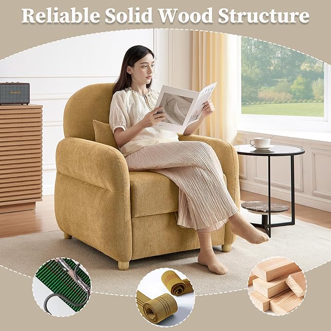Accent Chair for Living Room 33.5 W Comfy Chenille Armchairs with Storage and Pillow Single Reading Chairs for Bedroom Study Room Apartment Tool Free Assembly Mustard Yellow