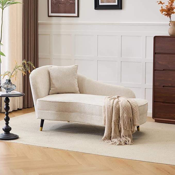 Christopher Knight Home Harlow Velvet Upholstered Chaise Lounge Chair Indoor Wooden Chaise Lounge Sofa with Accent Pillow Living Room Lounge Chair with Left Armrest Beige