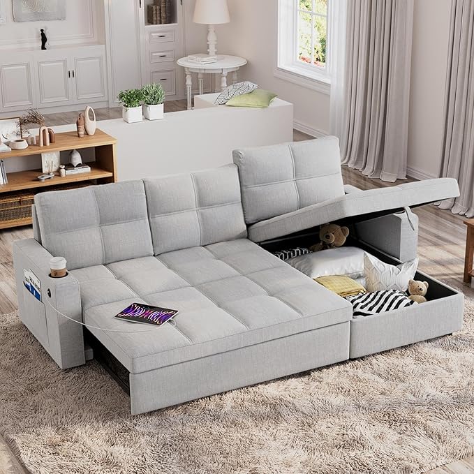 85 inch Large Sleeper Sofa Bed with StorageL Shaped Sectional Couch Bed2 in 1 Pull Out Couches with Convertible ChaiseUSB ChargingCup Holders and Side Pockets Gray