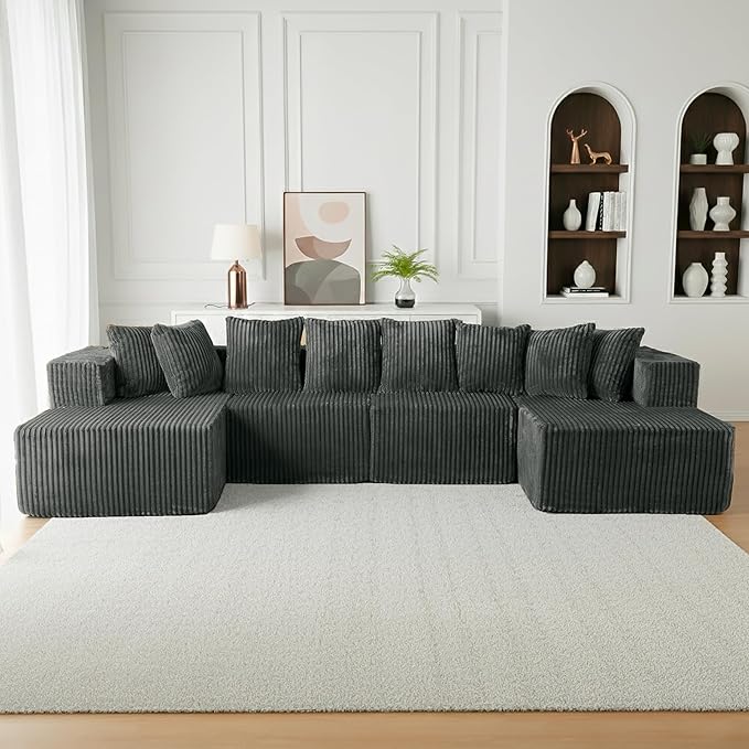 131 Cloud U-Shaped Sectional Sofa Modular Boneless Couch with Chaise4-Seater Couch for Living RoomPlush Corduroy Fabric No Assembly Required (Grey)