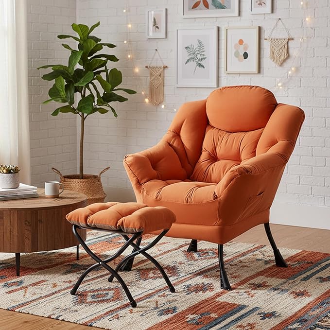 Welnow Lazy Chair with Ottoman for Living Room Modern Reading Accent Chair with Armrests and a Side Pocket Leisure Upholstered Lazy Sofa for Small Space Bedroom Dorm Orange