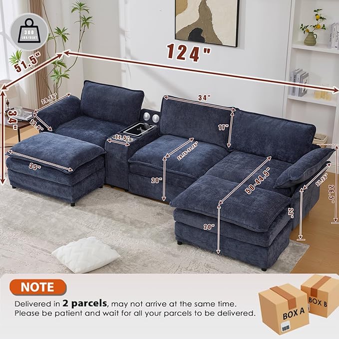 124'' Modular Sectional Sofa U-Shaped Chenille Cloud Couch with Storage 2 Ottomans Wireless Charging Loudspeaker Light 2 Cup Holders Double Chaise Couches for Living Room Office Blue
