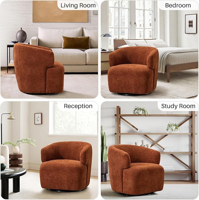 Swivel Accent Chair Upholstered Fabric Barrel Chair Chenille Round Boucle Armchair for Living Room Bedroom Orange