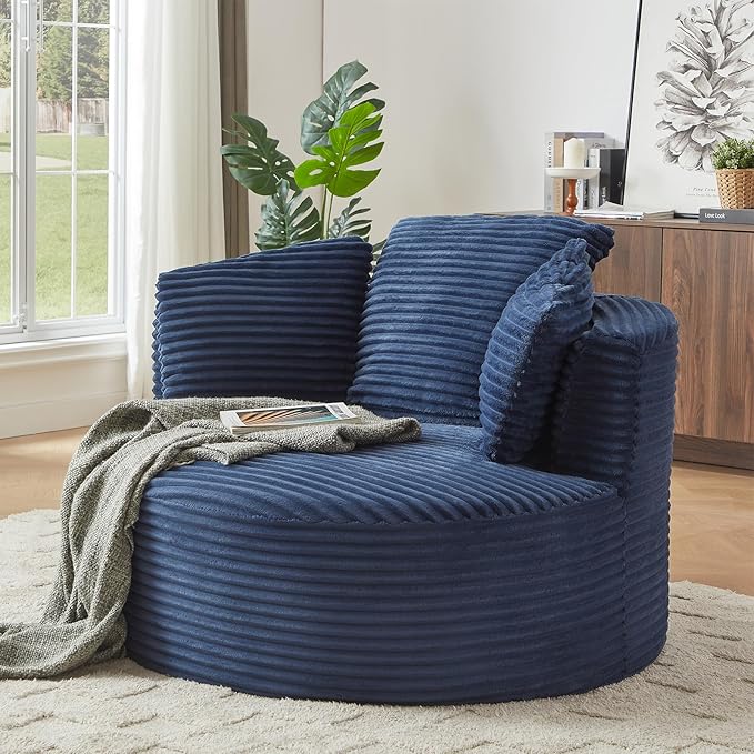 Oversized Round Chair 48W Corduroy Comfy Circle Armchair with Deep Seat &amp 3 Pillows Upholstered Floor Boneless Chair Fluffy Modern Cozy Sofa Chairs for Living Room Bedroom Apartment(Blue)