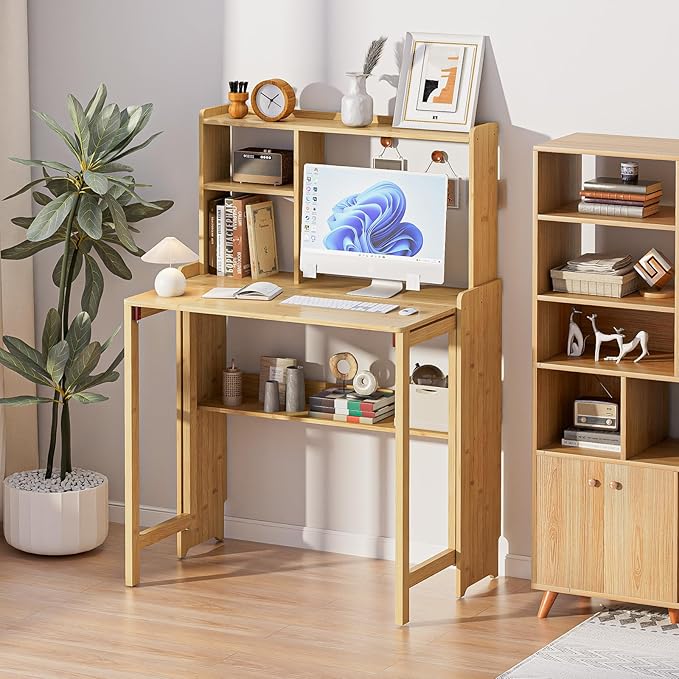 Bamboo Folding Desk for Small Spaces with Storage Mid Century Foldable Desk with Bookshelf Small Desks with Storage for Home Office Bedroom Natural