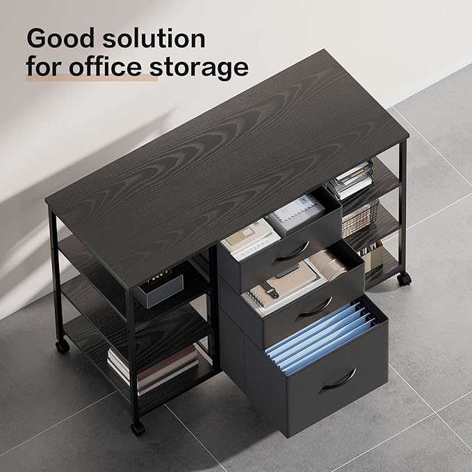 Mobile File CabinetLateral Filing Cabinet with 3 Fabric DrawersRolling Printer Stand with 4 Open Storage Shelf for Home OfficeBlack
