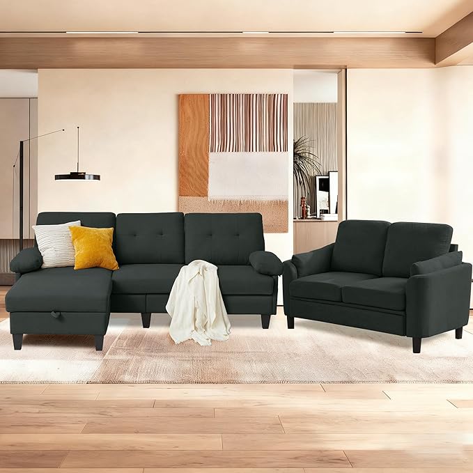 5 Seat Sectional Sofa Set for Living Room Set 2 PCS Modern Couch Set 84 Width 3 Seat Couch &amp Loveseat with Ottoman and Thick Cushion(3+2 Seat/Black)