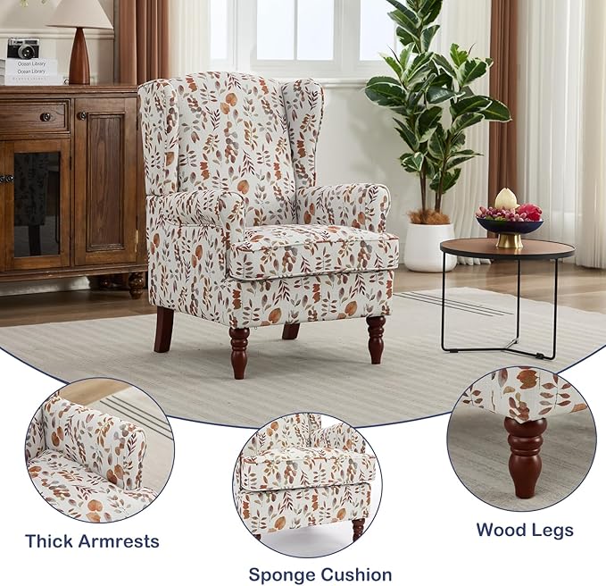 Chifee &amp Vingol Wingback Chair High Back Armchair Upholstered Living Room Chairs Comfy Single Sofa ChairBrown