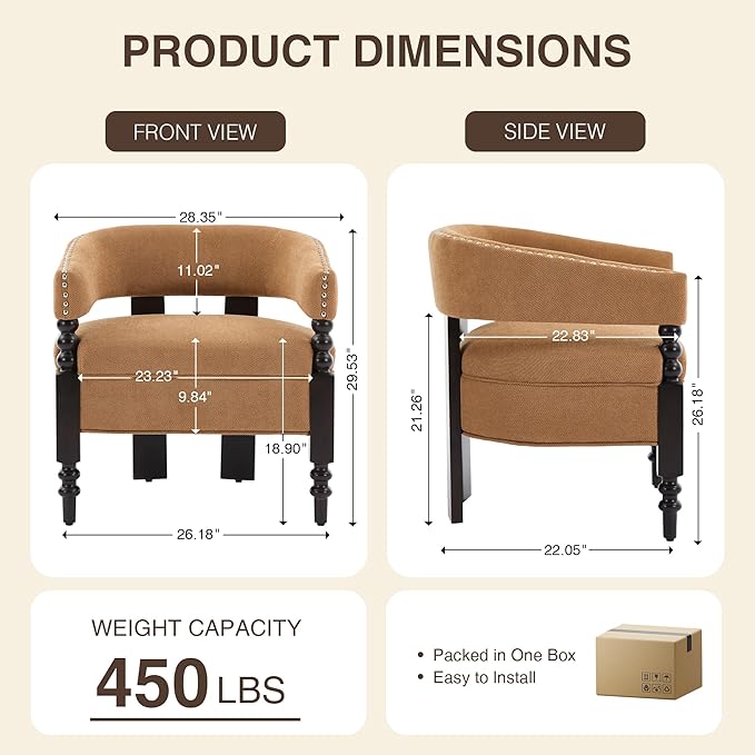 LOULENS Barrel Accent Chair for Living Room | Vintage Linen Upholstered Lounge Chair with Solid Wood Legs Armchair for Bedroom Reception Room &amp Reading Nook Brown