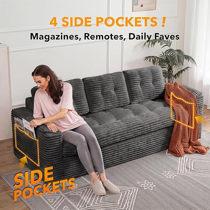 83 Boneless Couch 3 Seater Cloud Corduroy Sofa in a Box with Deep Tufted Cushions Zero Assembly Removable Washable Cover Family-Friendly Living Room Couch Dark Grey