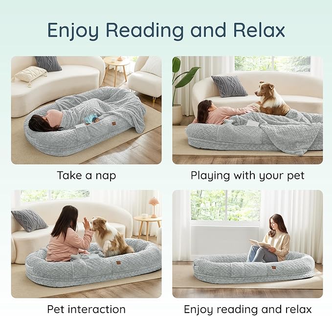 Human Dog Bed for Adult - Luxury Faux Fur Giant Size Dog Bed with Portable Handle Egg Orthopedic Foam with Blanket 72x40x10 Light Grey