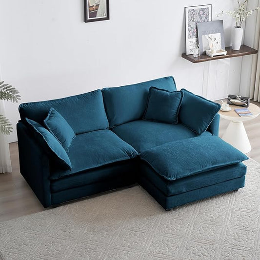 kevinplus 70'' Blue Loveseat Sofa Couch with Convertible Ottoman for Living Room Modern Contemporary 2-Seat Sofa Couch for Bedroom Apartment Small Spaces Chenille Fabric (Loveseat + 1 Ottoman)