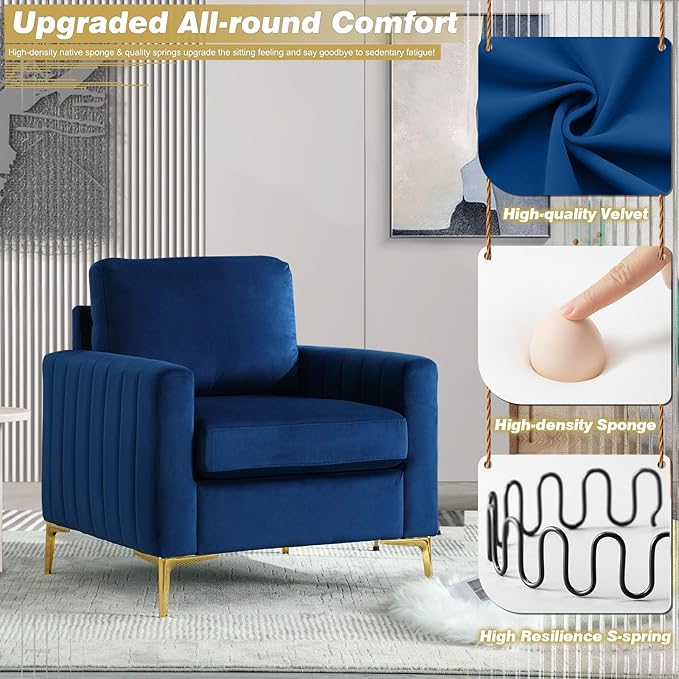Modern Velvet Accent Chair Comfy Living Room Armchair with Thick Cushion Upholstered Reading Armchair Mid Century Sofa Chair with Gold Legs Side Chair for Living Room Bedroom Office Club Blue