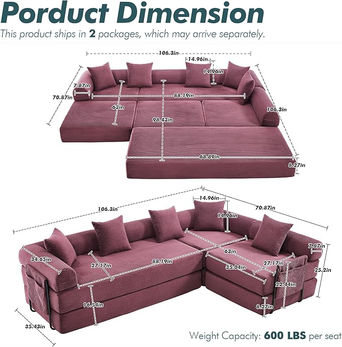 10-in-1 Folding Convertible Sofa Bed 141 Inch Boneless Couch with Fixed-Shape Frame Corduroy Modular Sectional Sofa Mattress Sleeper Sofa Floor Sofa Futon Couch for Living Room (Wine Red)