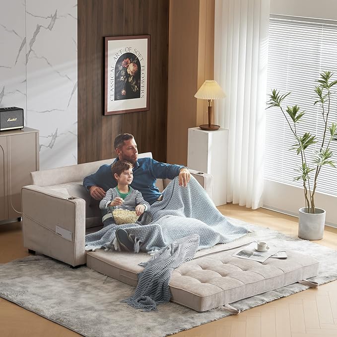 VINGLI Upgraded 64 W 84 L Full Size Futon Sofa Bed 6 Thick Upholstery Chenille Loveseat Sofa Sleeper Pull Out CouchConvertible Floor Couch for Living Room Bedroom Entertainment Room Beige