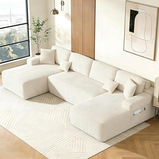 DURASPACE Cloud Modular Sectional Couches for Living Room 126'' Corduroy U Shaped Sectional Sofa with Deep Seat Oversized Minimalist Memory Foam Floor Couch No Assembly Required (Beige)