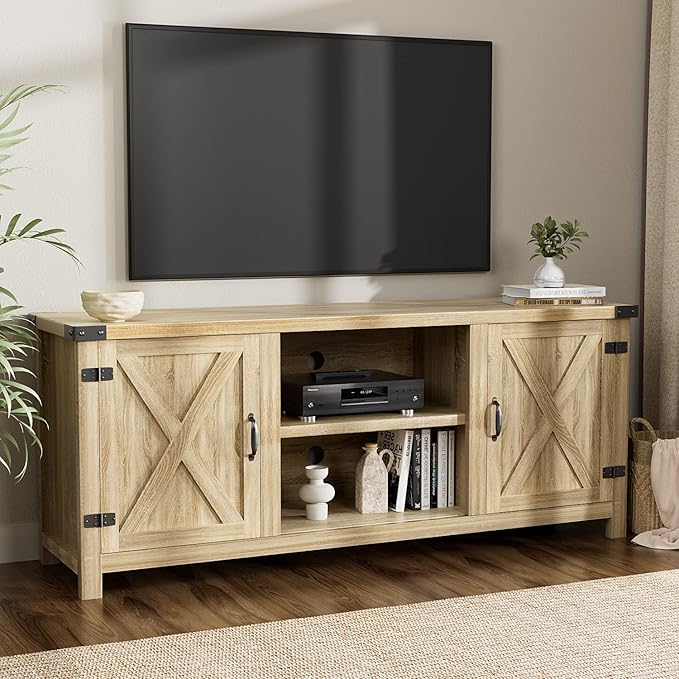 YESHOMY Modern Farmhouse TV Stand with Two Barn Doors and Storage Cabinets for Televisions up to 65+ Inch Entertainment Center Console Table Media Furniture for Living Room 58 Inch White Oak