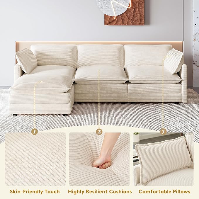 ROWHY 112'' Oversized Modular Sectional Cloud Couch with Movable Ottoman 4 Seat Modern Corduroy Sofa Deep Seat L Shaped Couch for Living Room Bedroom Apartment Cream