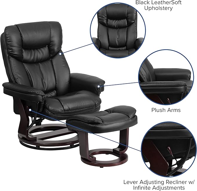 Flash Furniture Allie LeatherSoft Upholstered Recliner with Footrest Arms and Headrest Padded Swivel Recliner Chair and Ottoman Set Black