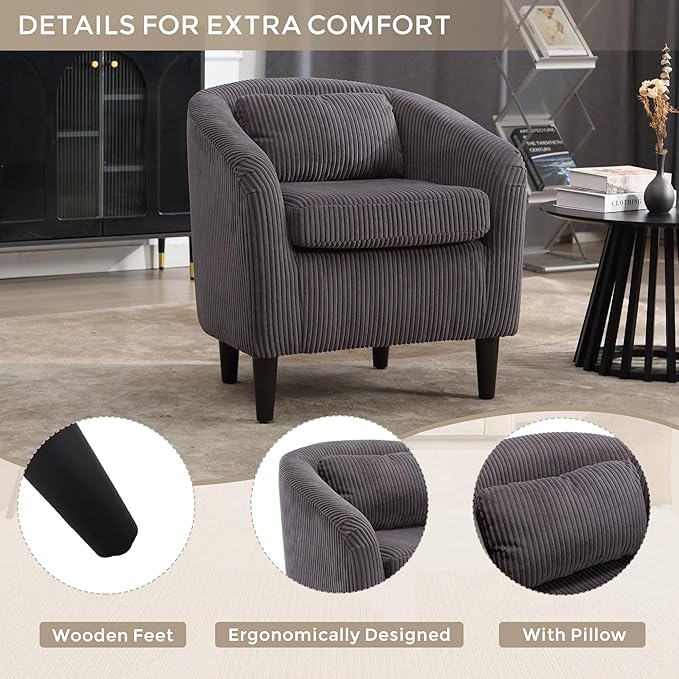 Living Room Accent Barrel Chair Century Modern Style Decorative Chair Armchair for Living Room with Thick Cushions and Pillows Comfy Single Sofa Chair Chair with Wooden LegsDark Grey