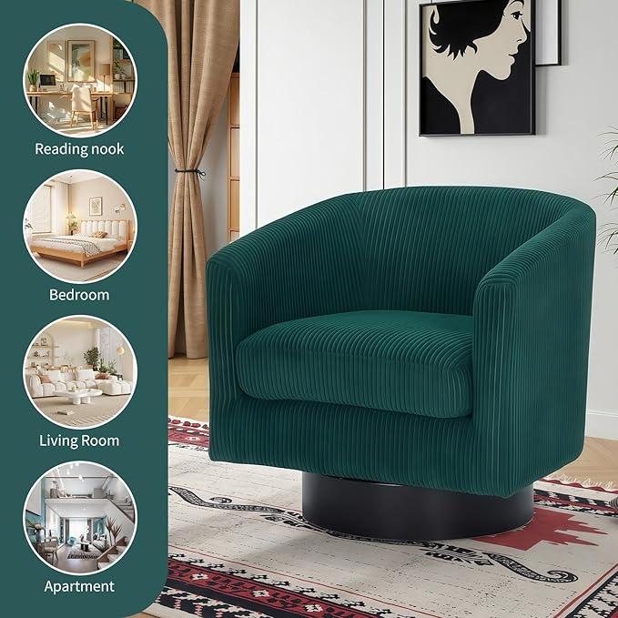 Swivel Accent Chair 360° Swivel Barrel Chair Comfy Upholstered Corduroy Club Armchair for Living Room Reading Room Bedroom (Dark Green)