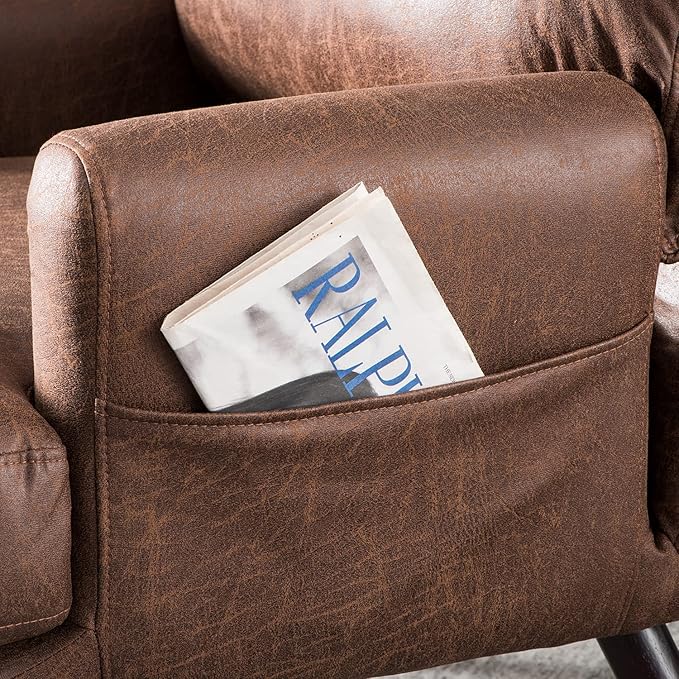 HOOOWOOO Living Room Chair Ottoman Set with Recliner Accent Chair and Ottoman with Side Bags Comfy Mid Century Modern Chair for Reading Watching NappingDark Brown Faux Suede Chair