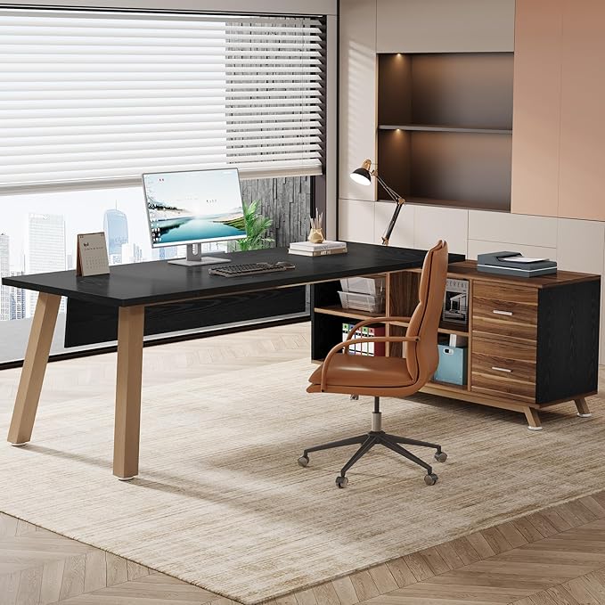 Tribesigns 78.7-Inch Executive Desk L-Shaped Desk with 55-Inch Cabinet Large Office Desk with Storage Shelves Modern Computer Desk for Home Office Black &amp Walnut