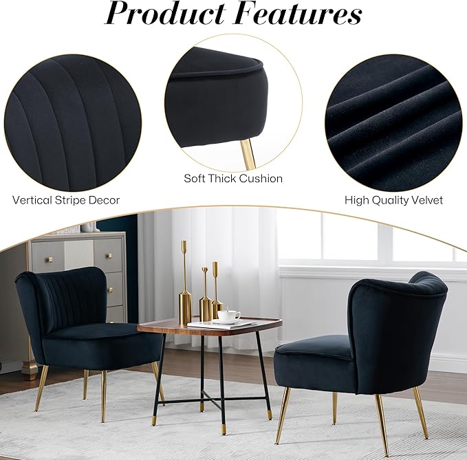 Velvet Accent Chair Set of 4 Comfy Upholstered Side Chair with Gold Metal Legs and Padded Seat Modern Small Corner Armless Living Room Chairs with Wing Back Black