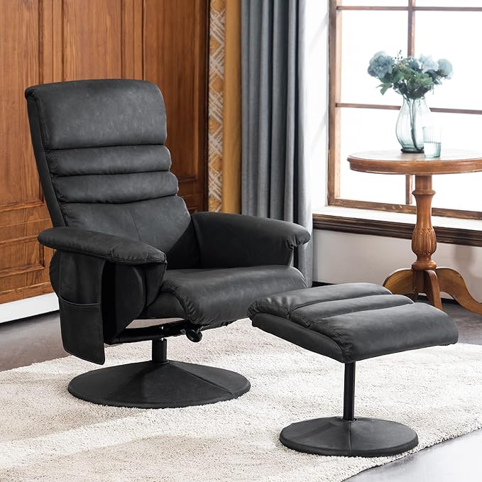 MCombo Recliner with Ottoman Reclining Chair with Massage 360 Swivel Living Room Chair Faux Leather 7902 (Dark Grey)