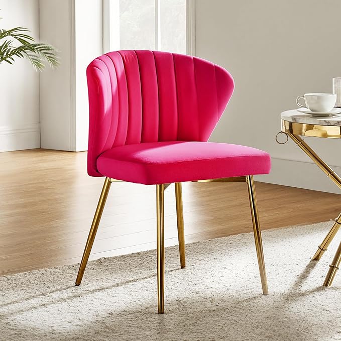 HULALA HOME Velvet Dining Chairs Modern Small Armless Accent Chair with Gold Metal Legs Living Room Upholstered Cute Side Chair Elegant Tufted Back Vanity Chair for Bedroom/Beauty Room-Fuchsia