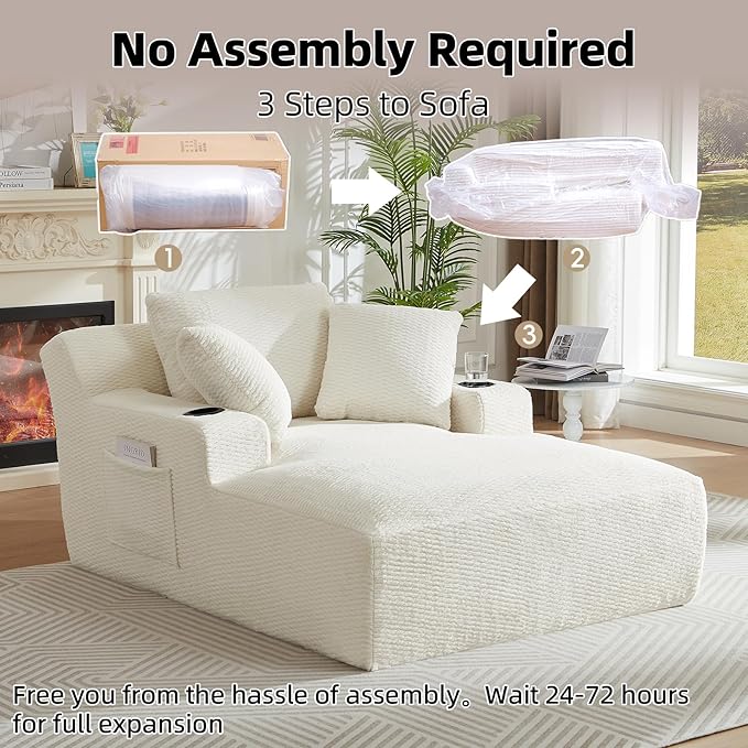 Oversized Chaise Lounge Chair - Upholstered Couch Cloud Boneless ChairDeep Seat Sleeper Sofa with Cup Holders and Side PocketsComfy Reading Chair for Living Room (Cream)
