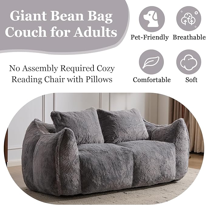 75 Inch Loveseat Bean Bag Couch for Adults Oversized Compressed Boneless Sofa Couch in a Box for Living Room Bedroom Apartment Soft FluffyNo Assembly (Grey)