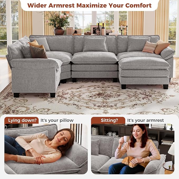 CDCASA 117 Oversized Modular Sectional Sofa with Corner Comfy L-Shaped Cloud Couch w/Ottoman 5-Seater Chenille Deep Seat Modern Sofa Couch for Living Room DIY Combination Grey