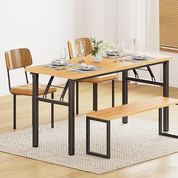 DlandHome Large Computer Desk Folding Desk Decent and Steady Home Office Desk/Workstation/Table 54.3inch Teak Black