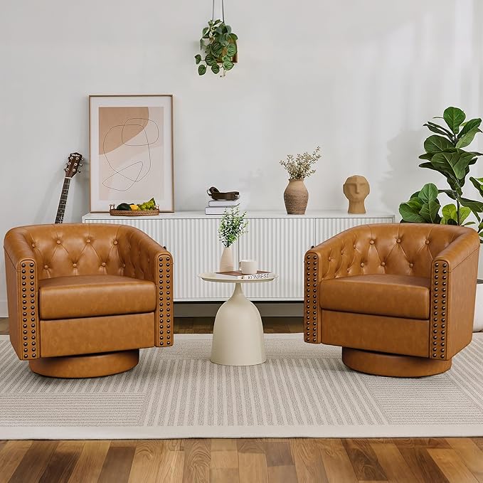 Swivel Barrel Accent ChairRound Nailhead Faux Leather Living Room Arm ChairsModern Upholstered Comfty Reading Nook Chairs for BedroomSmall Club ArmchairSingle Sofa Side ChairCaramel Brown
