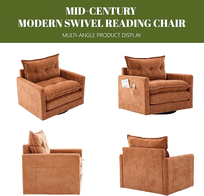 Square Swivel Chair360°Rotation Armchair for ReadingPlush Chenille Upholstered Accent Club Chair with ArmsModern Single Cloud Sofa Chair for Living Room Bedroom (1 OrangeBrown)