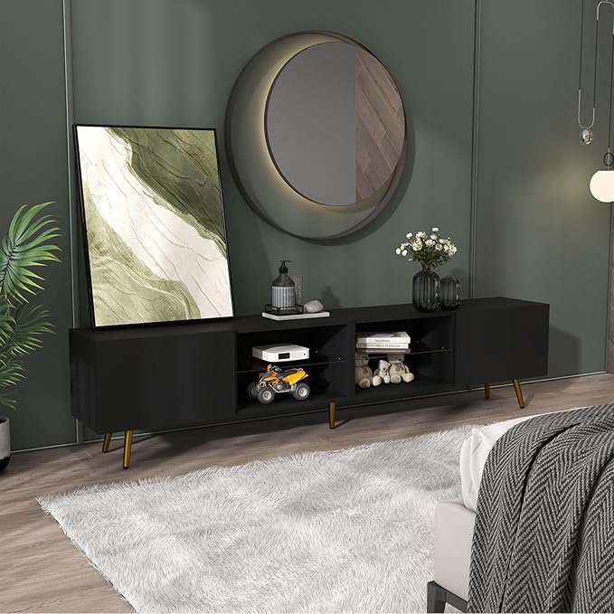 Bonzy Home 86 TV Stand Modern Entertainment Center for 75 TV Television Console Table with Storage Cabinets for Living Room Black