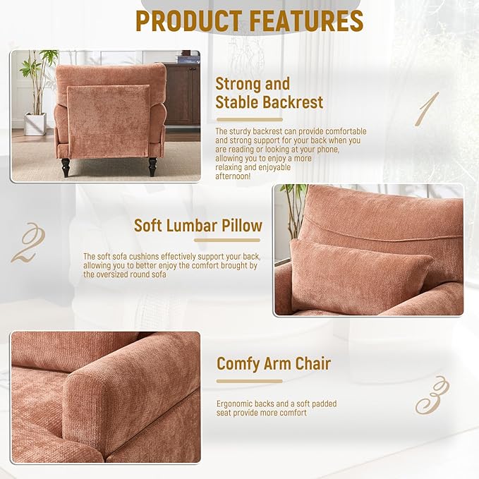Accent Chair 51'' Modern Armchair for Living Room Upholstered High Back Lazy Sleeper Armchair Recliner for Woman Chaise Lounge Chair Indoor Single Reading Sofa Chair with Wood Legs (Orange)