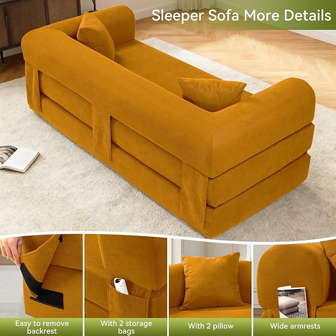 80 Convertible Sofa BedCorduroy Folding Sleeper Sofa Bed Queen with Pillows &amp StorageModular Pull Out Couches Boneless Couch for Living RoomCompressed Couch in a BoxYellow