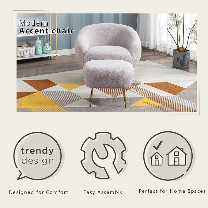 Modern Comfy Leisure Accent Chair Short Plush Particle Velvet Armchair with Ottoman for Living Room