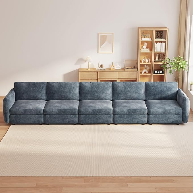 Guyii 5 Seats Modern Straight Couch Modular Sectional Sofa 5 Seater Deep Seat Sofa for Living Room Bedroom Apartment Office Blue