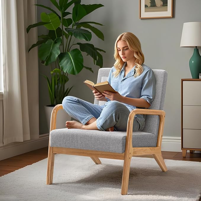 ELUCHANG Mid-Century Modern Accent Chair with Lumbar PillowUpholstered ArmchairLinen Fabric Comfy Reading Chair Lounge Side Chair for Living Room Bedroom ApartmentEasy Assembly(Grey2pcs)
