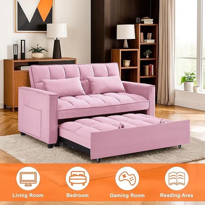 Sleeper Sofa Couch with Pullout Bed 54'' Velvet Futon Loveseat Sofa 3-in-1 Convertible Love Seat Couch for Living Room Apartment Chair Bed Sleeper for Adults (Pink)