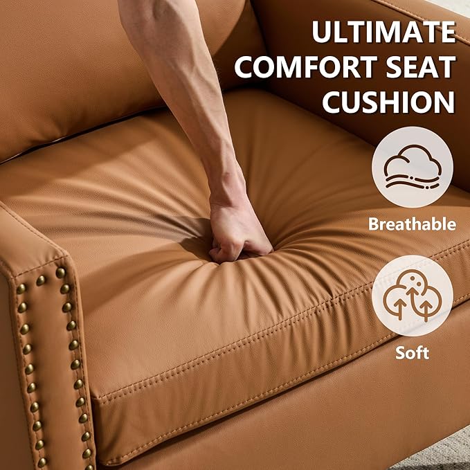 MOJAY Modern Accent Chairs Mid-Century PU Leather Armchair Living Room Chair for Bedroom Upholstered Comfy Sofa Chair with Wood Legs for Apartment Reading Room (Brown)